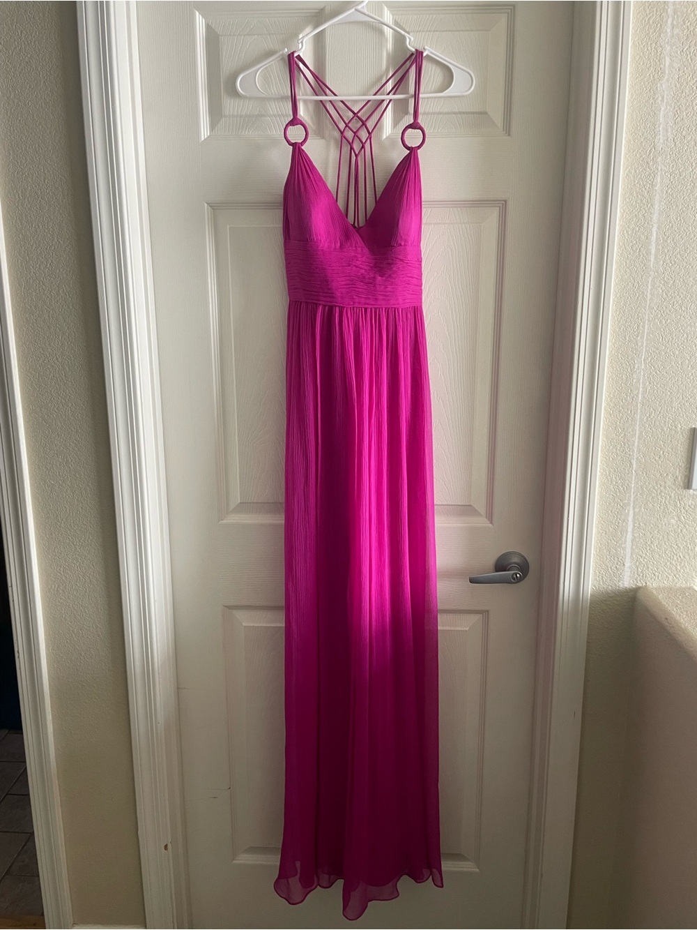 Aidan Mattox Fuchsia Silk Maxi Evening Gown Strappy Open Back